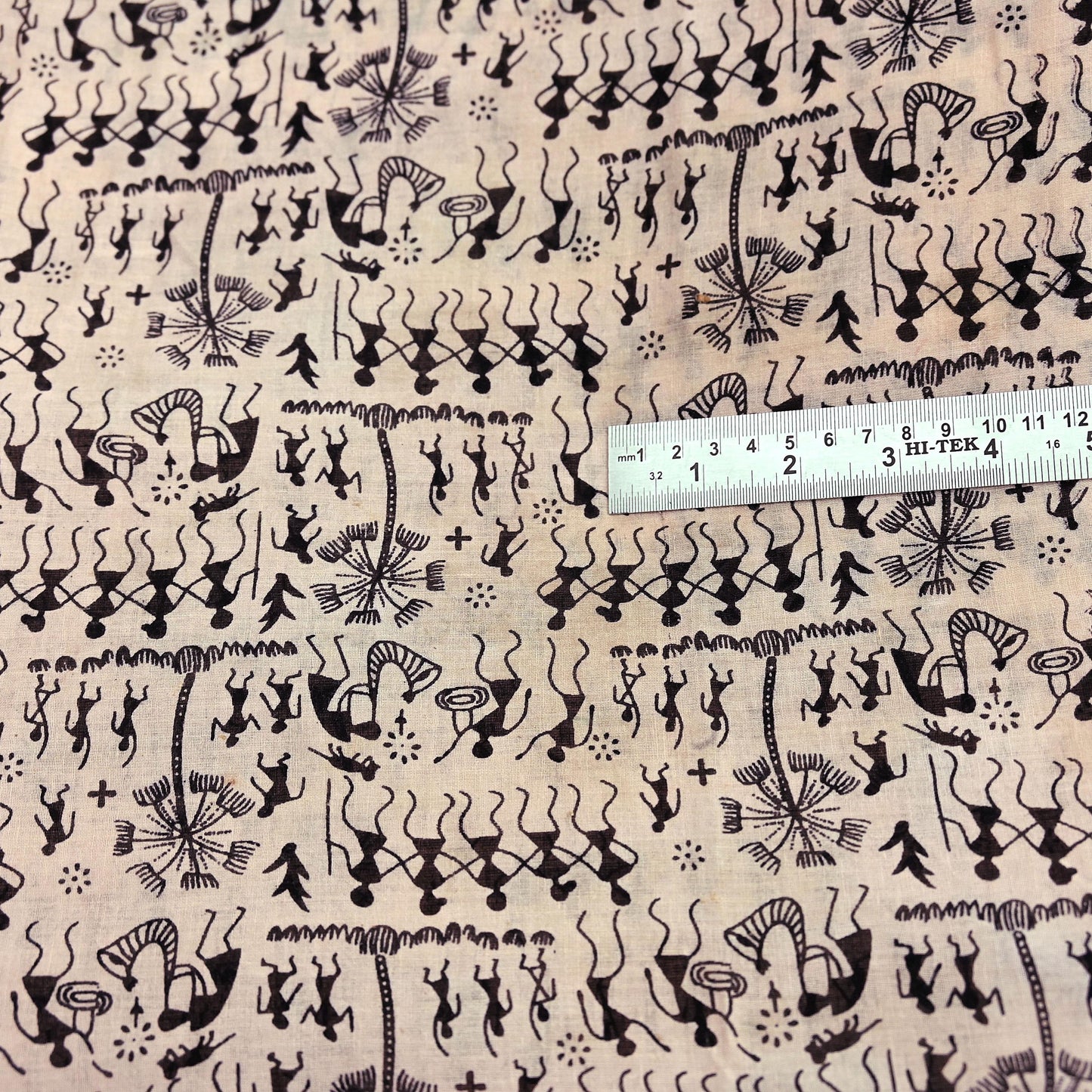Indian Vintage Sari Peach & Black Pure Cotton Warli Print Saree 5Yd Craft Fabric Soft Sewing Sarong Wrap Boho Quilting Crafting Used Upcycle