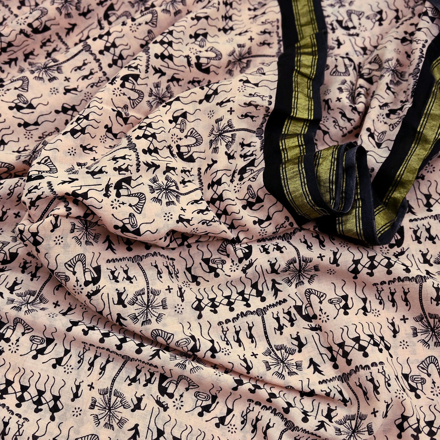 Indian Vintage Sari Peach & Black Pure Cotton Warli Print Saree 5Yd Craft Fabric Soft Sewing Sarong Wrap Boho Quilting Crafting Used Upcycle