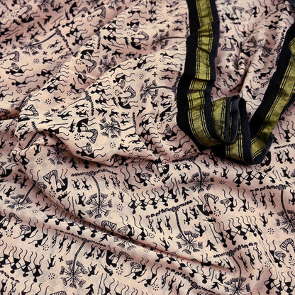 Indian Vintage Sari Peach & Black Pure Cotton Warli Print Saree 5Yd Craft Fabric Soft Sewing Sarong Wrap Boho Quilting Crafting Used Upcycle