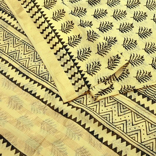 Indian Vintage Sari Beige Pure chanderi Silk Block Printed Sarees 5Yd Craft Zigzag Zari Border Ethnic Dress Making Crafting Quilting