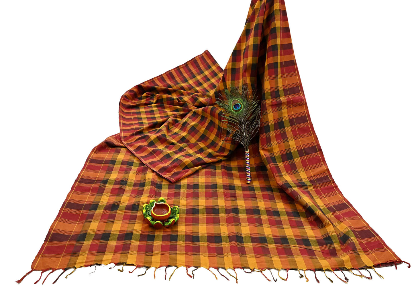 Indian Vintage Sari Woven 100% Pure Cotton Sarees Craft Fabric 5Yd Check Design Upcycle Quilting Crafting Dress making Upcycle Boho Wrap