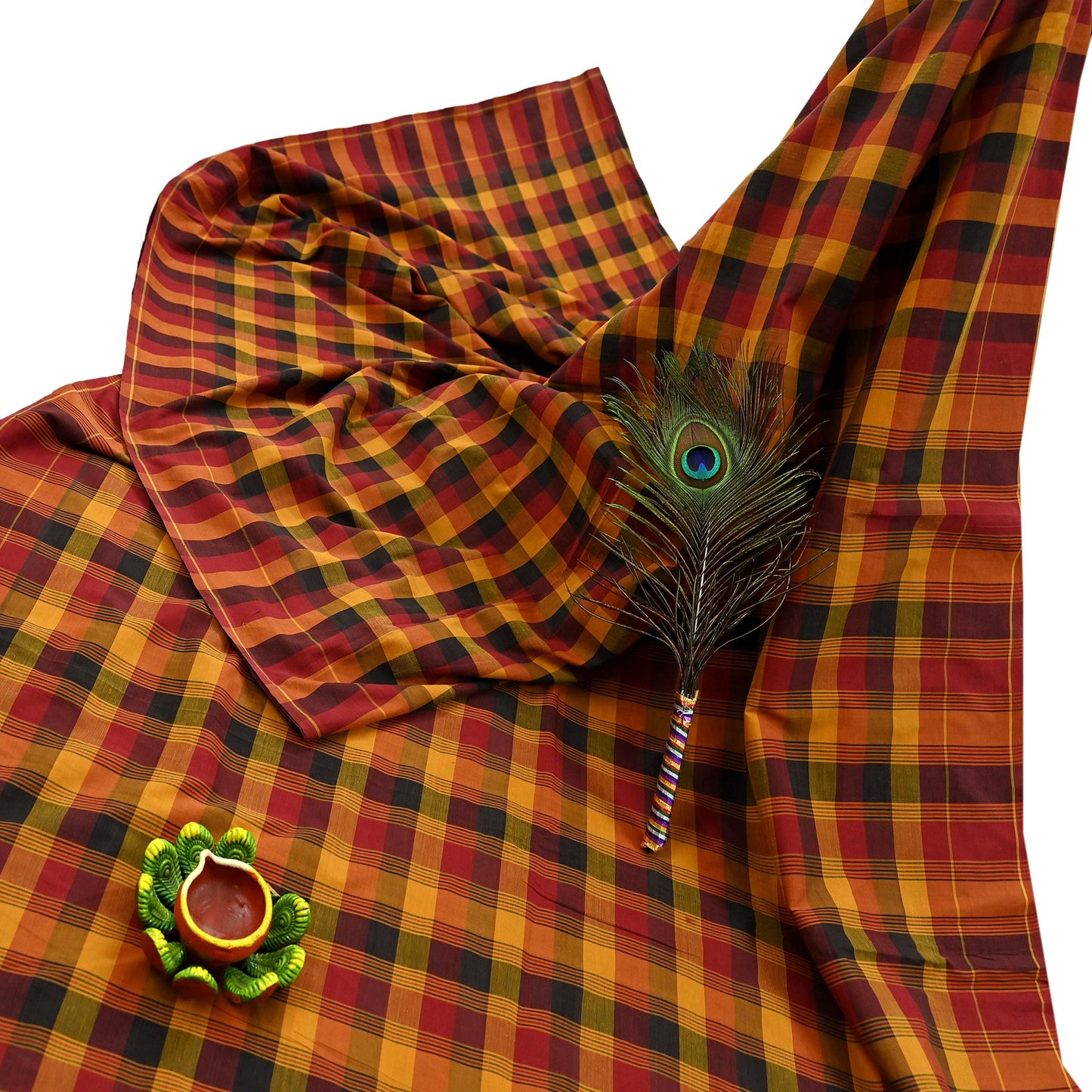 Indian Vintage Sari Woven 100% Pure Cotton Sarees Craft Fabric 5Yd Check Design Upcycle Quilting Crafting Dress making Upcycle Boho Wrap