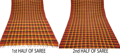 Indian Vintage Sari Woven 100% Pure Cotton Sarees Craft Fabric 5Yd Check Design Upcycle Quilting Crafting Dress making Upcycle Boho Wrap