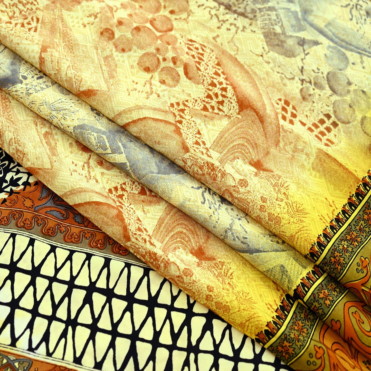 Indian Vintage Sari Ivory & Mustard Pure Crepe Silk Printed Sarees 6yd Sewing Soft Craft Fabric Wrap Dress Making Crafting Quilting Upcycle