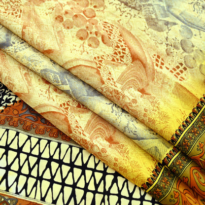 Indian Vintage Sari Ivory & Mustard Pure Crepe Silk Printed Sarees 6yd Sewing Soft Craft Fabric Wrap Dress Making Crafting Quilting Upcycle