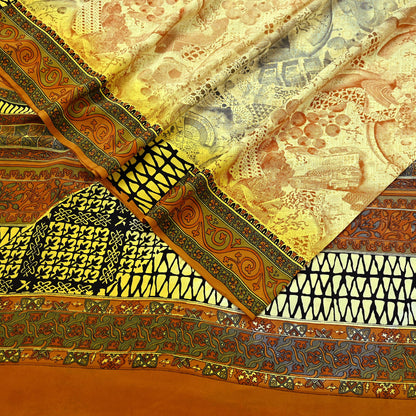 Indian Vintage Sari Ivory & Mustard Pure Crepe Silk Printed Sarees 6yd Sewing Soft Craft Fabric Wrap Dress Making Crafting Quilting Upcycle