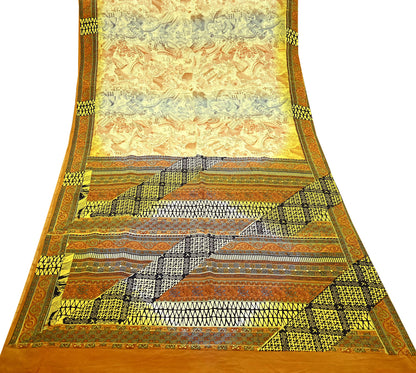 Indian Vintage Sari Ivory & Mustard Pure Crepe Silk Printed Sarees 6yd Sewing Soft Craft Fabric Wrap Dress Making Crafting Quilting Upcycle
