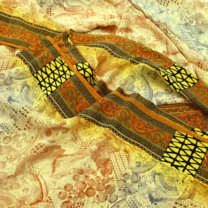 Indian Vintage Sari Ivory & Mustard Pure Crepe Silk Printed Sarees 6yd Sewing Soft Craft Fabric Wrap Dress Making Crafting Quilting Upcycle