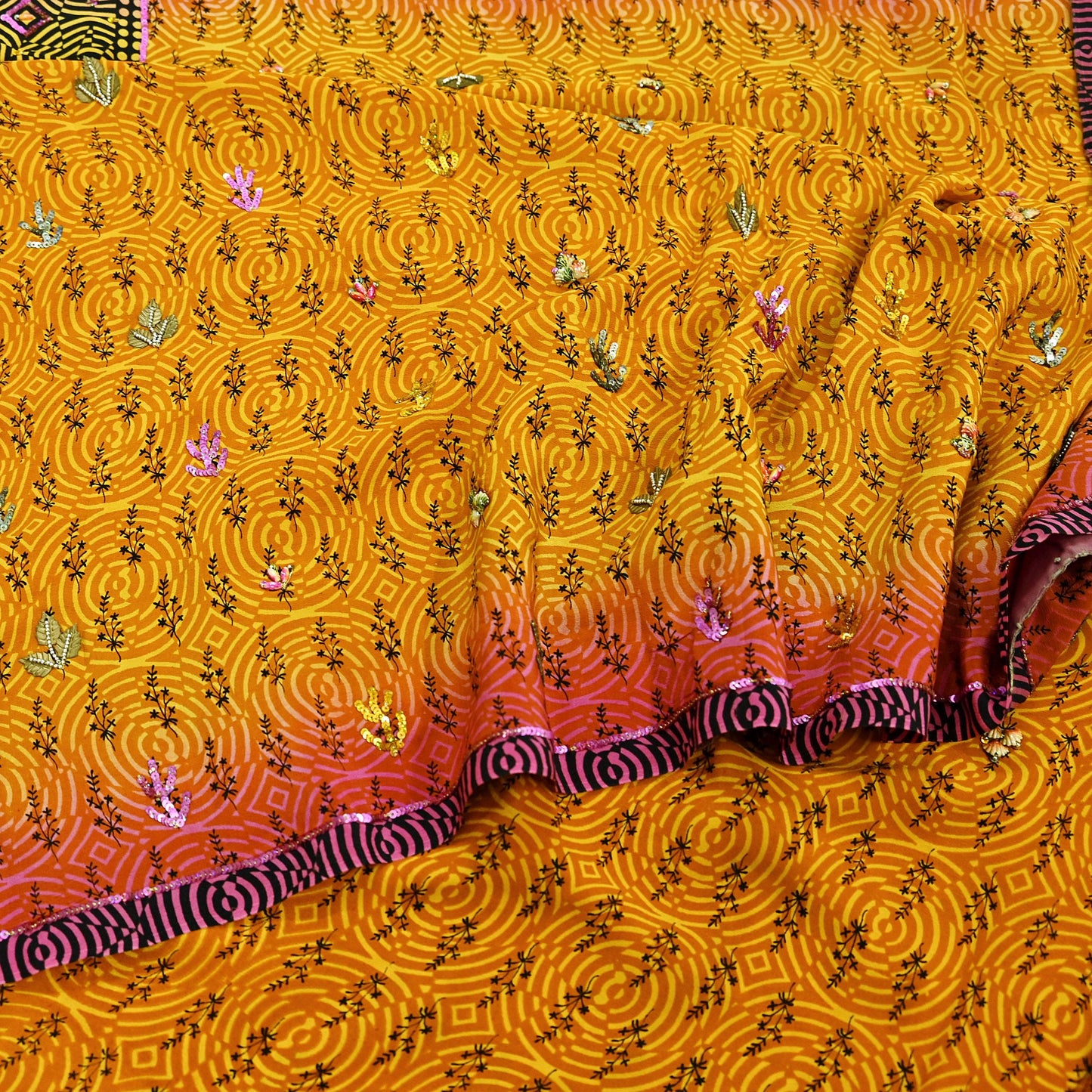 Indian Vintage Sari Saffron & Purple Pure Crepe Silk Hand Embroidered Saree 5yd Sewing Floral Craft Sequins Dress making Crafting Quilting