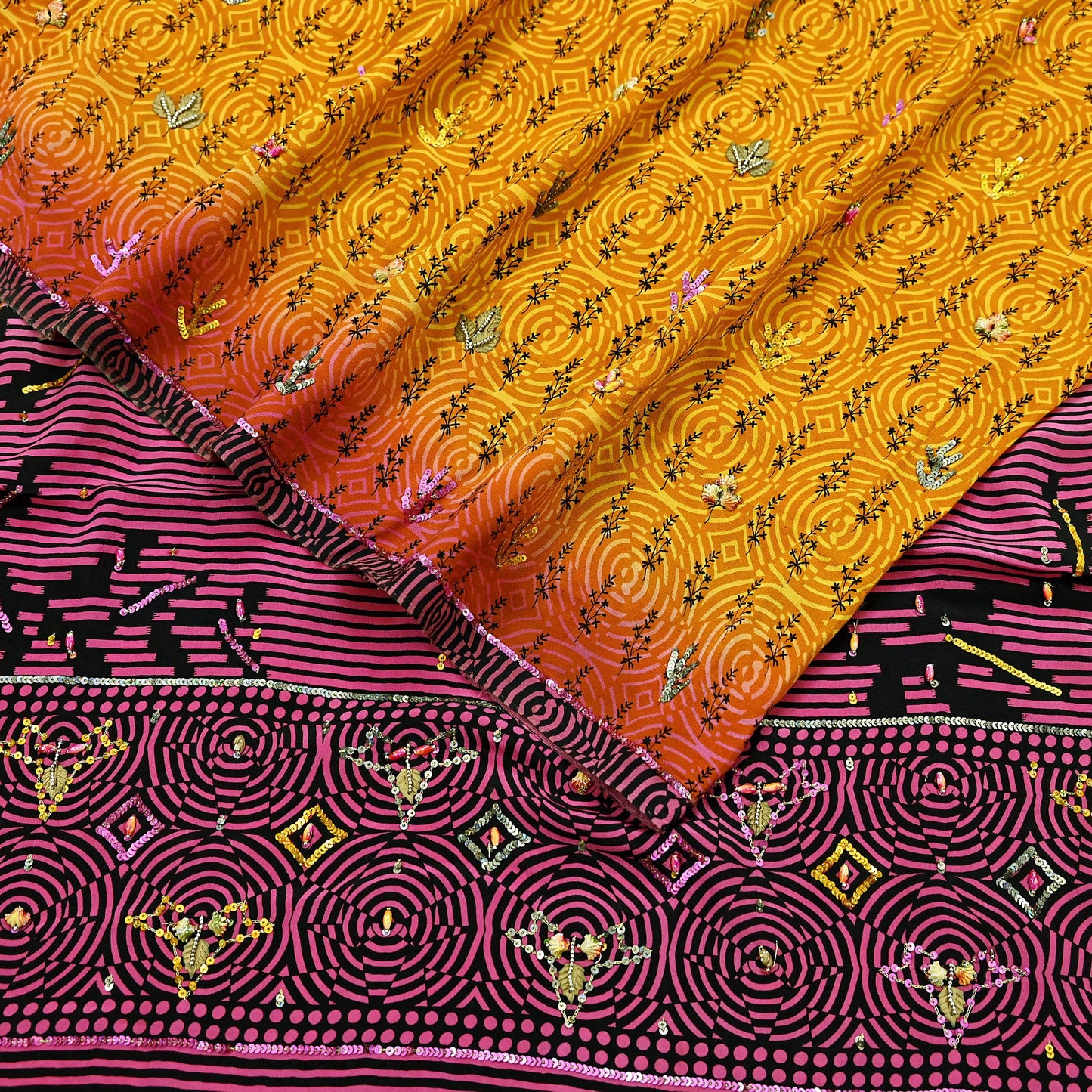 Indian Vintage Sari Saffron & Purple Pure Crepe Silk Hand Embroidered Saree 5yd Sewing Floral Craft Sequins Dress making Crafting Quilting