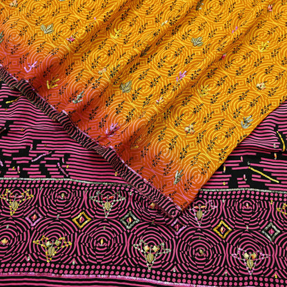 Indian Vintage Sari Saffron & Purple Pure Crepe Silk Hand Embroidered Saree 5yd Sewing Floral Craft Sequins Dress making Crafting Quilting