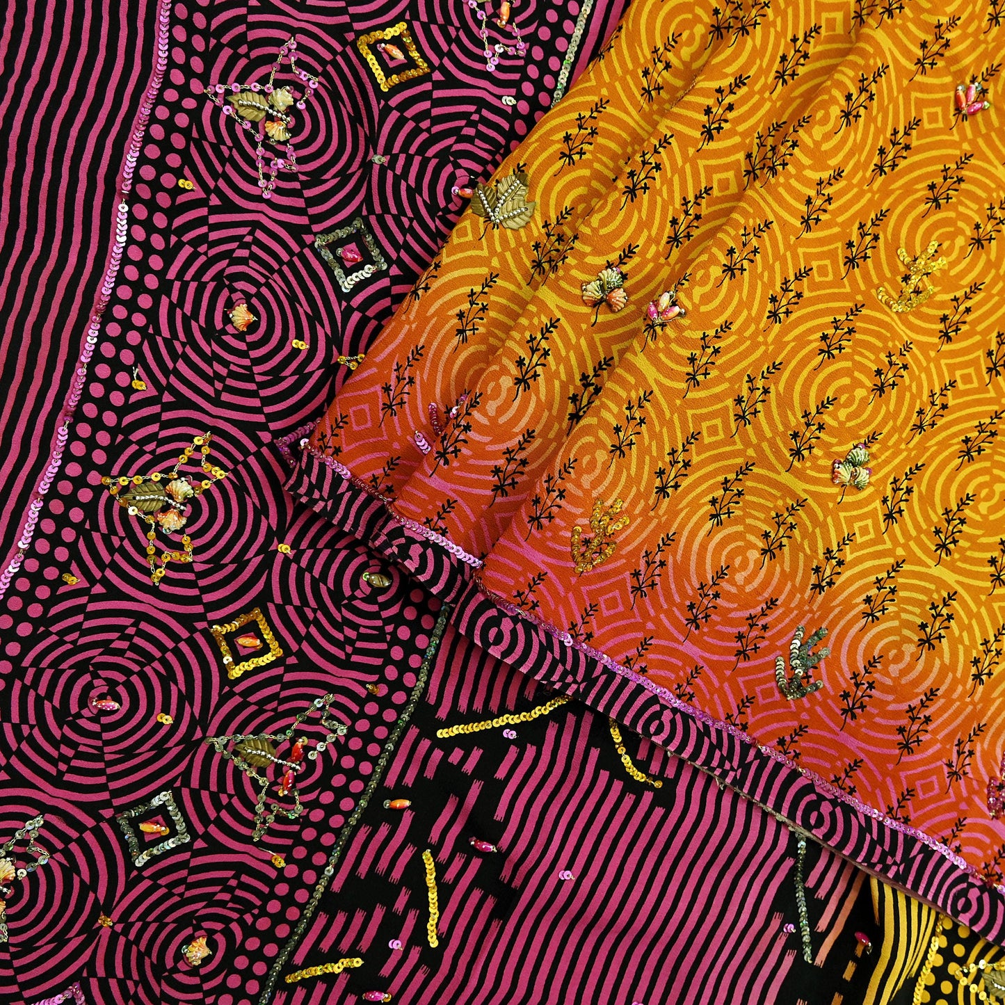 Indian Vintage Sari Saffron & Purple Pure Crepe Silk Hand Embroidered Saree 5yd Sewing Floral Craft Sequins Dress making Crafting Quilting