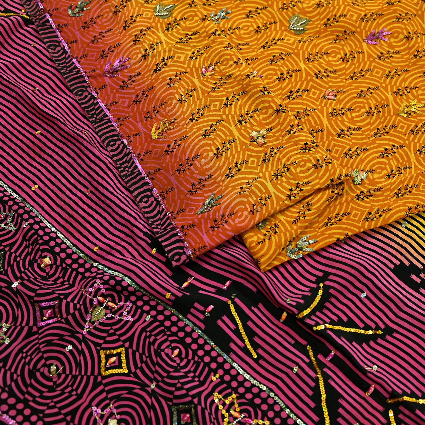 Indian Vintage Sari Saffron & Purple Pure Crepe Silk Hand Embroidered Saree 5yd Sewing Floral Craft Sequins Dress making Crafting Quilting