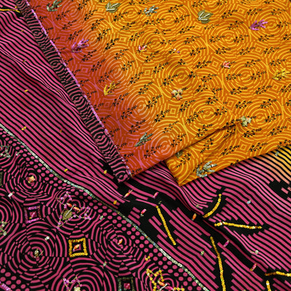 Indian Vintage Sari Saffron & Purple Pure Crepe Silk Hand Embroidered Saree 5yd Sewing Floral Craft Sequins Dress making Crafting Quilting