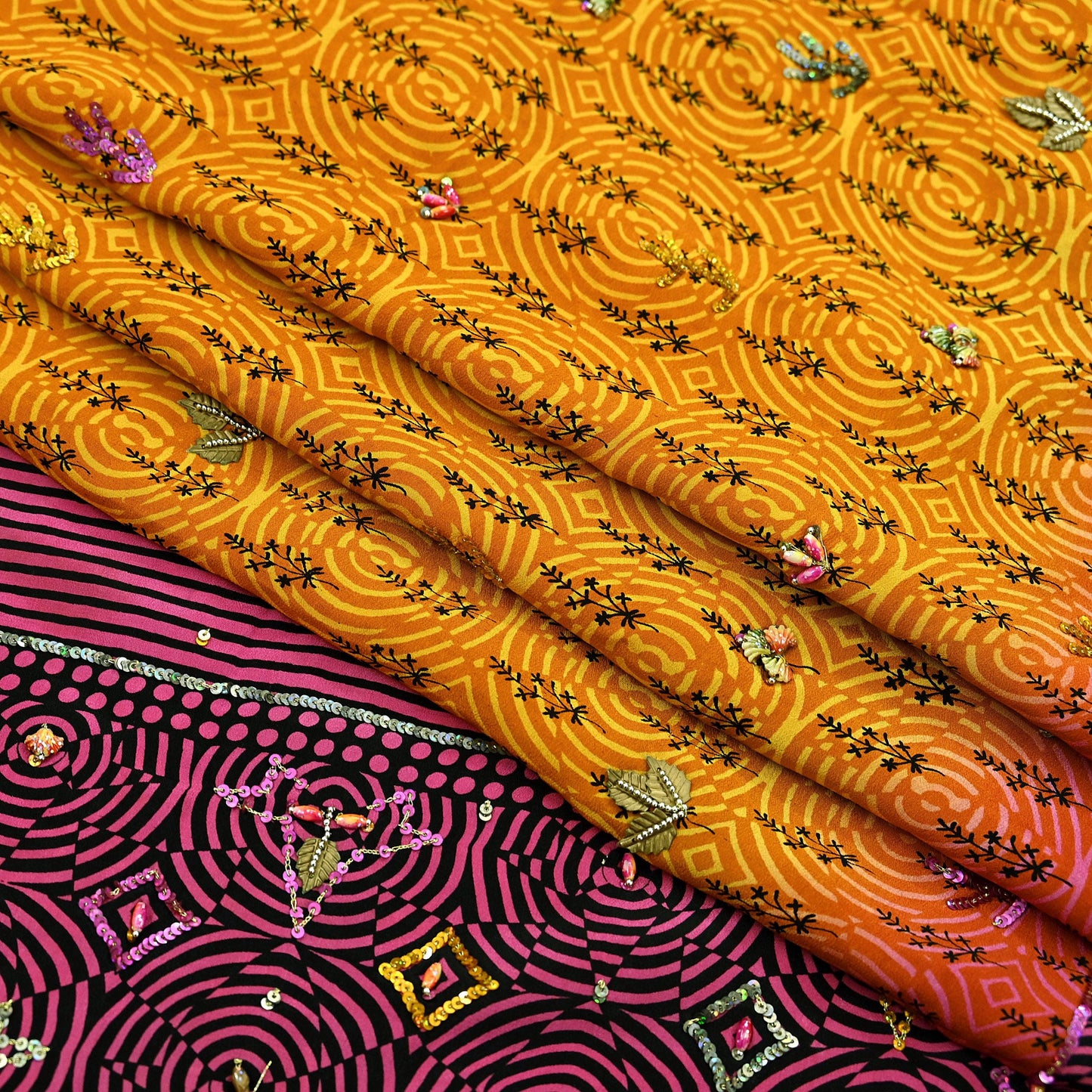 Indian Vintage Sari Saffron & Purple Pure Crepe Silk Hand Embroidered Saree 5yd Sewing Floral Craft Sequins Dress making Crafting Quilting