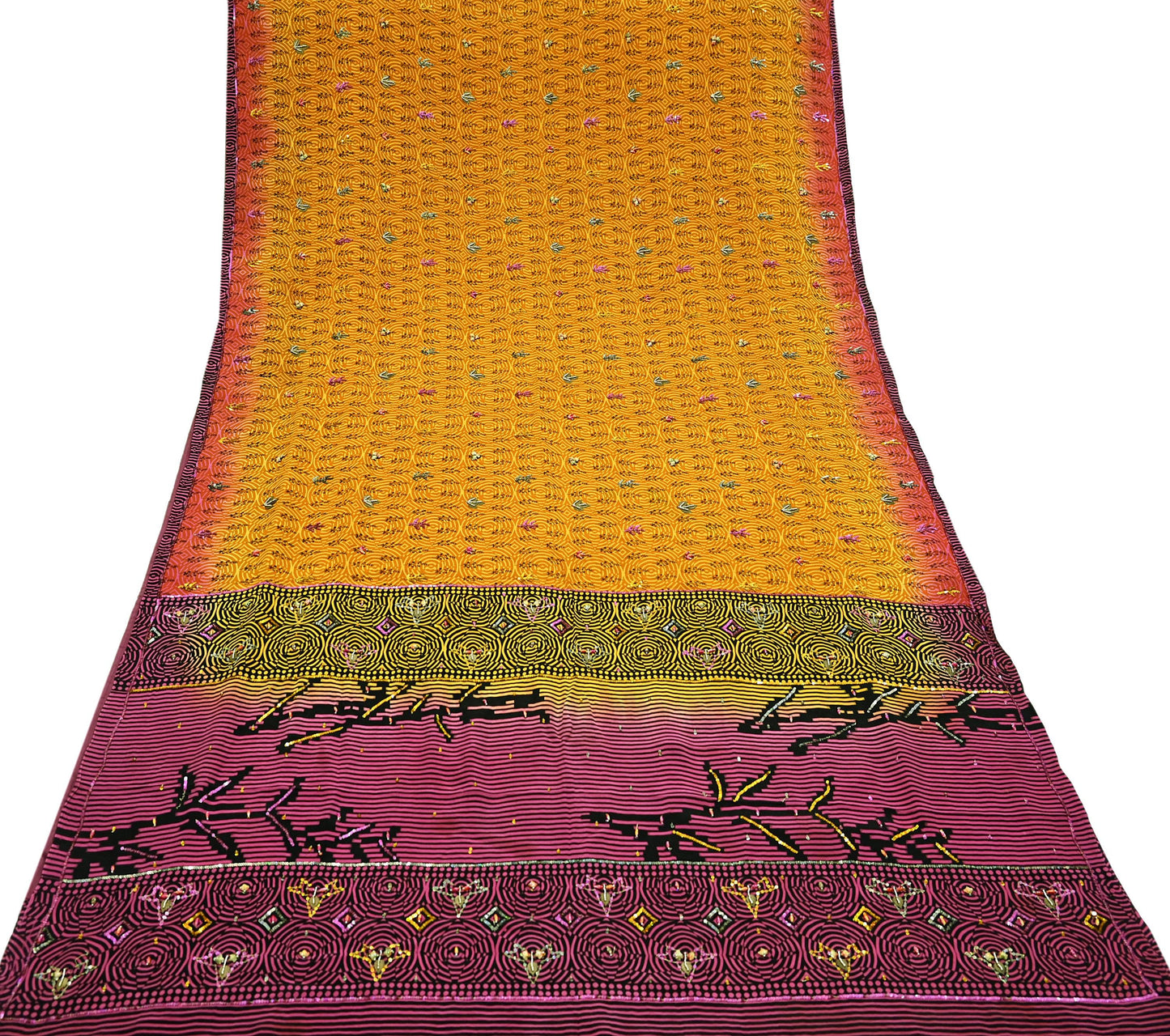 Indian Vintage Sari Saffron & Purple Pure Crepe Silk Hand Embroidered Saree 5yd Sewing Floral Craft Sequins Dress making Crafting Quilting