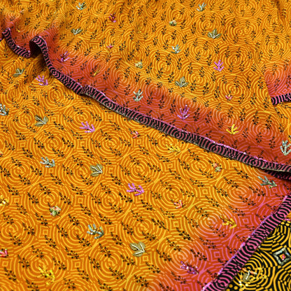Indian Vintage Sari Saffron & Purple Pure Crepe Silk Hand Embroidered Saree 5yd Sewing Floral Craft Sequins Dress making Crafting Quilting