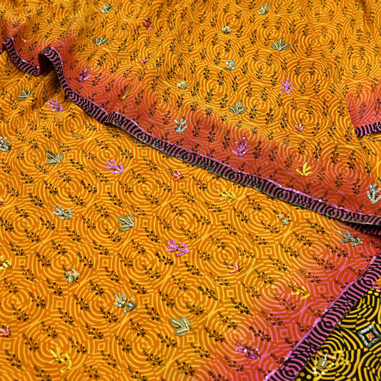Indian Vintage Sari Saffron & Purple Pure Crepe Silk Hand Embroidered Saree 5yd Sewing Floral Craft Sequins Dress making Crafting Quilting