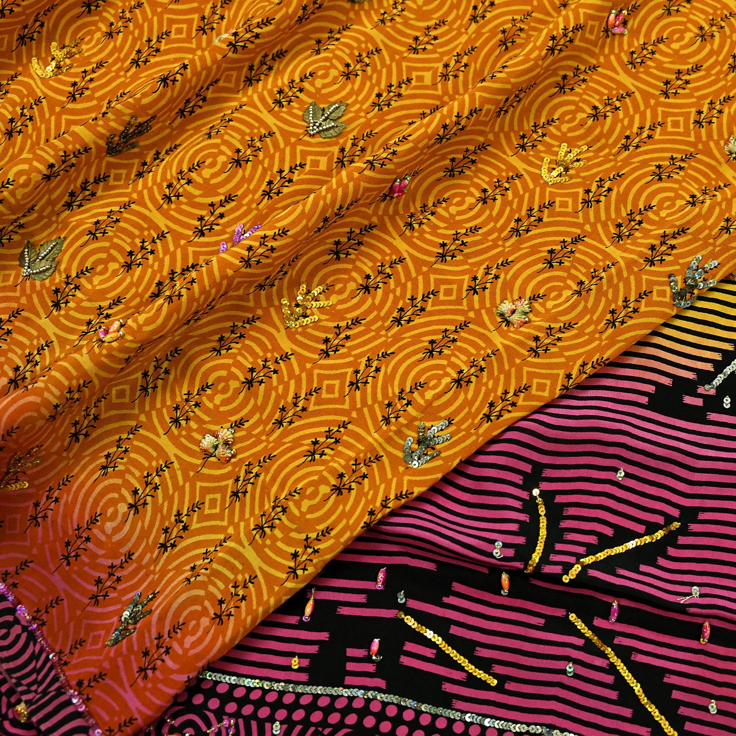 Indian Vintage Sari Saffron & Purple Pure Crepe Silk Hand Embroidered Saree 5yd Sewing Floral Craft Sequins Dress making Crafting Quilting