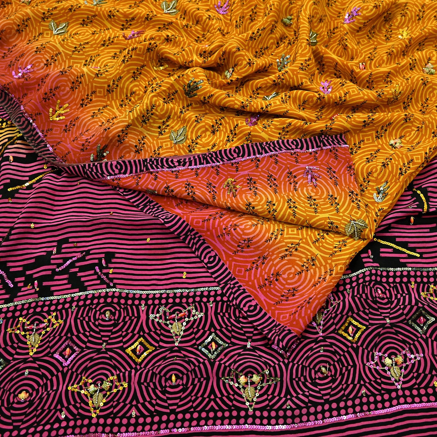 Indian Vintage Sari Saffron & Purple Pure Crepe Silk Hand Embroidered Saree 5yd Sewing Floral Craft Sequins Dress making Crafting Quilting