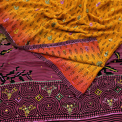 Indian Vintage Sari Saffron & Purple Pure Crepe Silk Hand Embroidered Saree 5yd Sewing Floral Craft Sequins Dress making Crafting Quilting