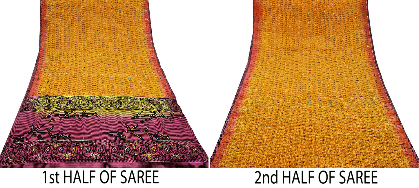 Indian Vintage Sari Saffron & Purple Pure Crepe Silk Hand Embroidered Saree 5yd Sewing Floral Craft Sequins Dress making Crafting Quilting