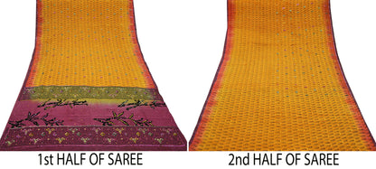 Indian Vintage Sari Saffron & Purple Pure Crepe Silk Hand Embroidered Saree 5yd Sewing Floral Craft Sequins Dress making Crafting Quilting