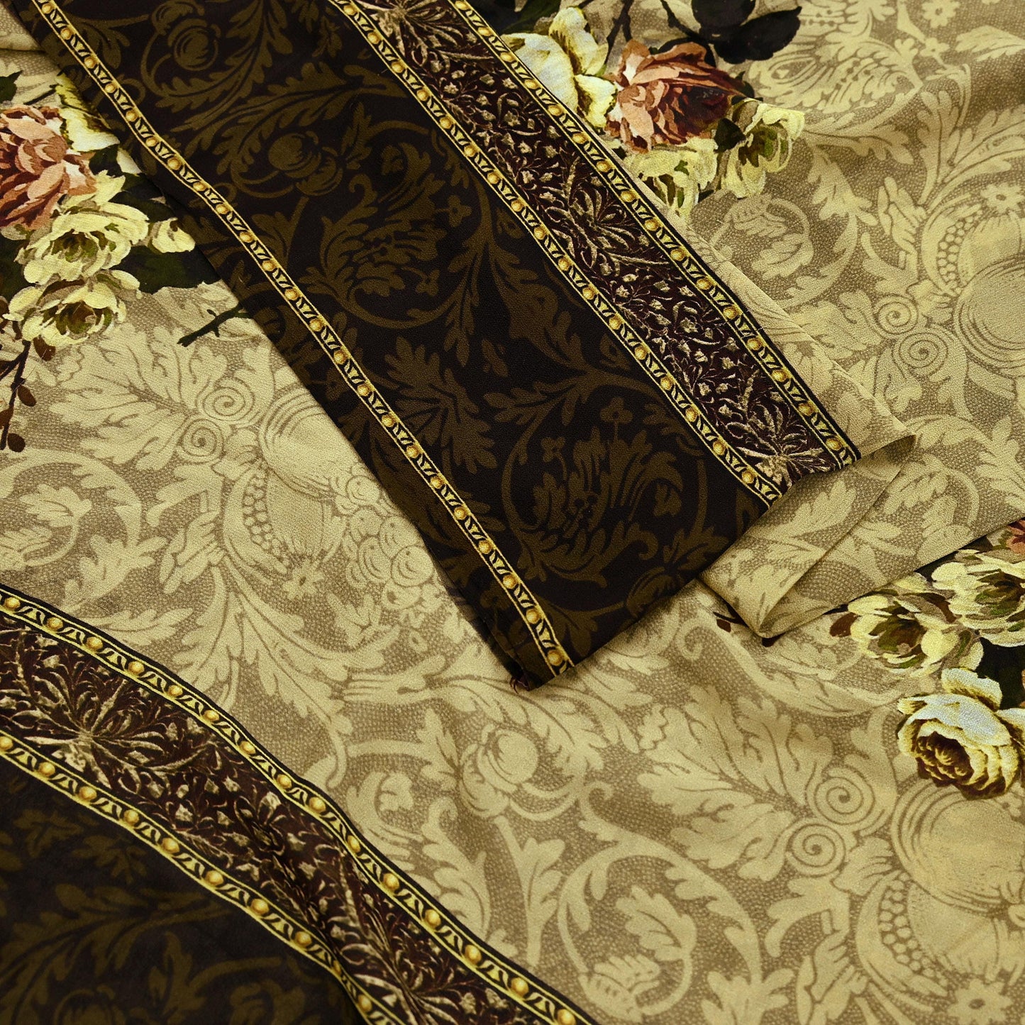 Indian Vintage Sari Beige Pure Georgette Silk Printed Sarees 5Yd Craft Fabric Sewing Quilting Dress making Crafting Quilting Upcycle