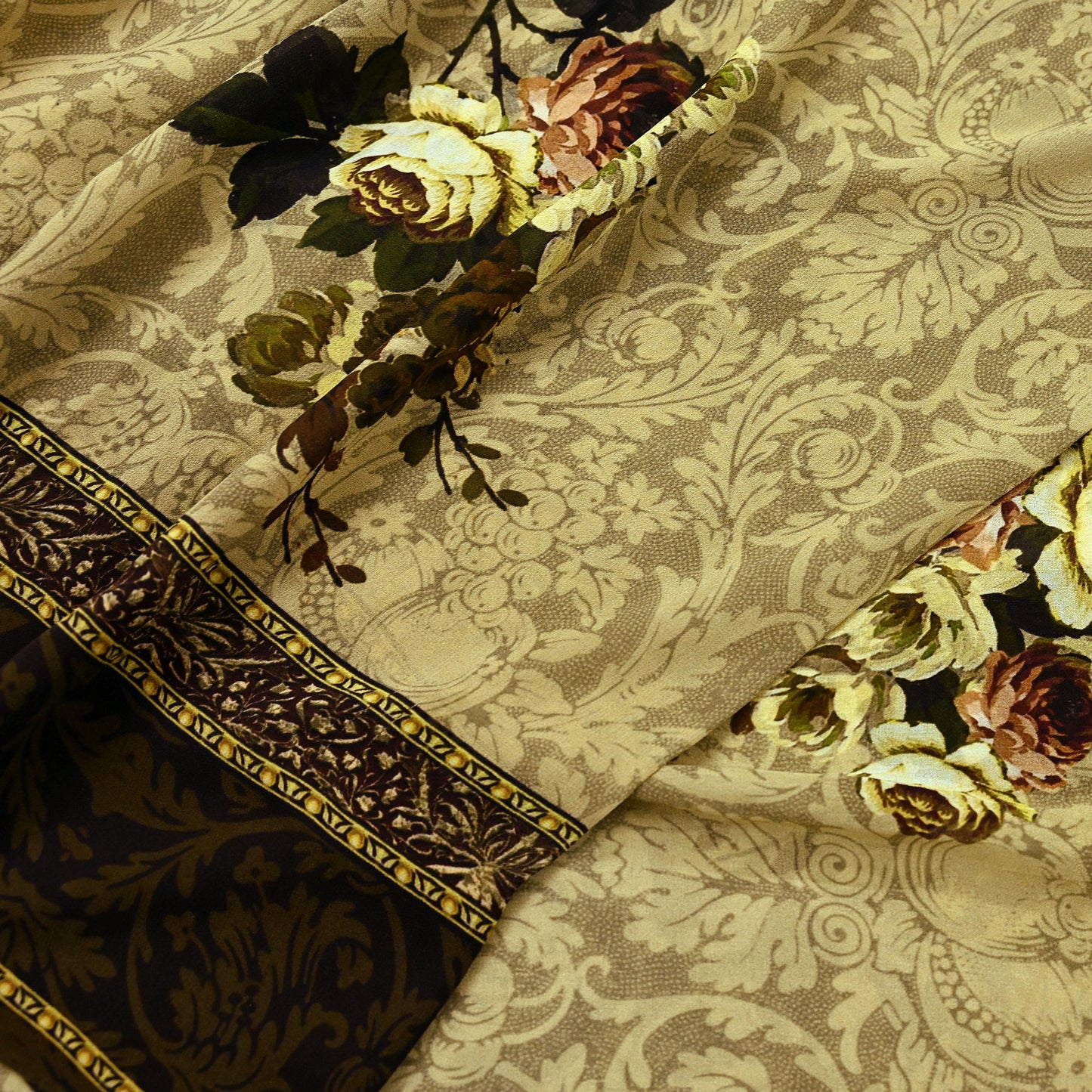 Indian Vintage Sari Beige Pure Georgette Silk Printed Sarees 5Yd Craft Fabric Sewing Quilting Dress making Crafting Quilting Upcycle