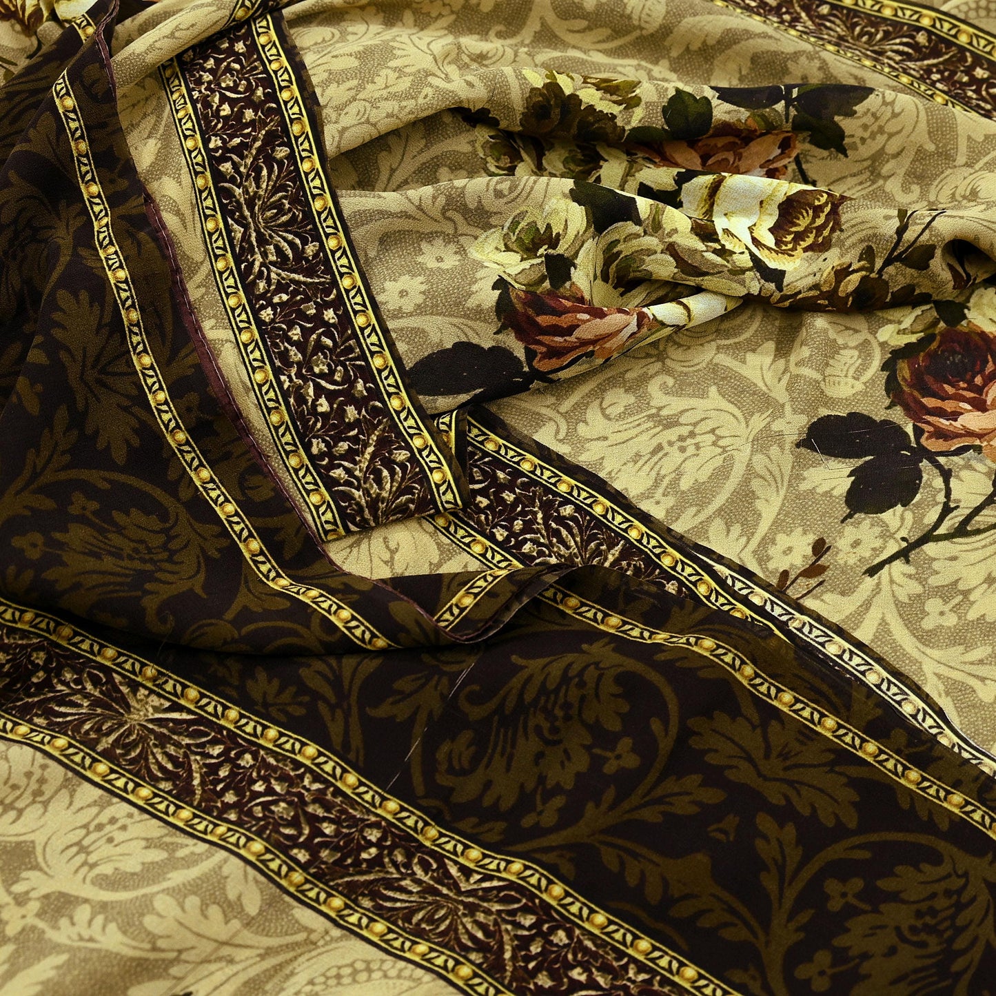 Indian Vintage Sari Beige Pure Georgette Silk Printed Sarees 5Yd Craft Fabric Sewing Quilting Dress making Crafting Quilting Upcycle