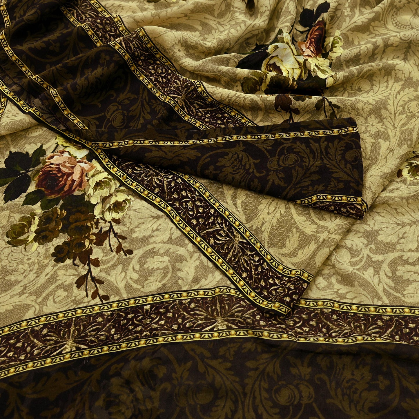 Indian Vintage Sari Beige Pure Georgette Silk Printed Sarees 5Yd Craft Fabric Sewing Quilting Dress making Crafting Quilting Upcycle