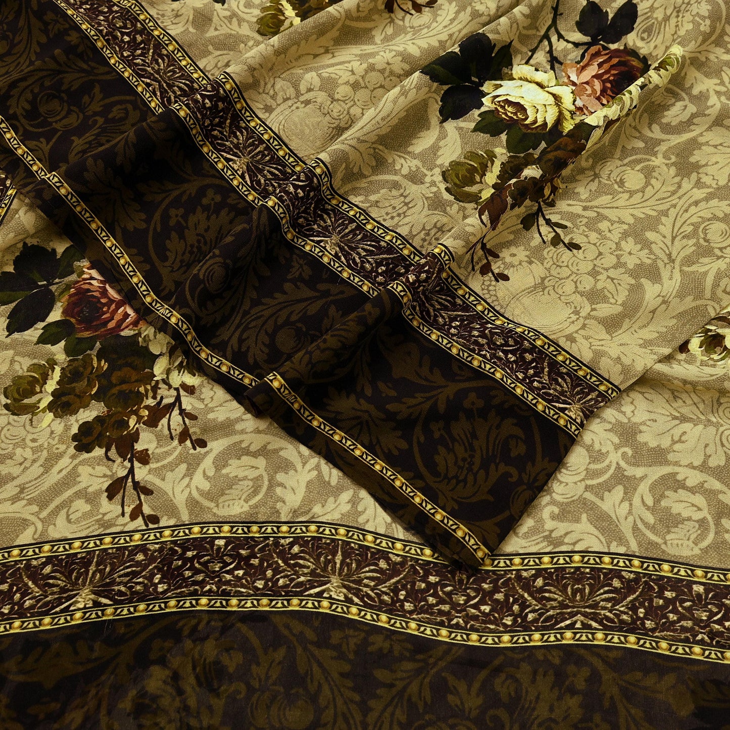 Indian Vintage Sari Beige Pure Georgette Silk Printed Sarees 5Yd Craft Fabric Sewing Quilting Dress making Crafting Quilting Upcycle