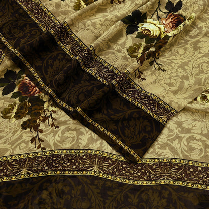 Indian Vintage Sari Beige Pure Georgette Silk Printed Sarees 5Yd Craft Fabric Sewing Quilting Dress making Crafting Quilting Upcycle