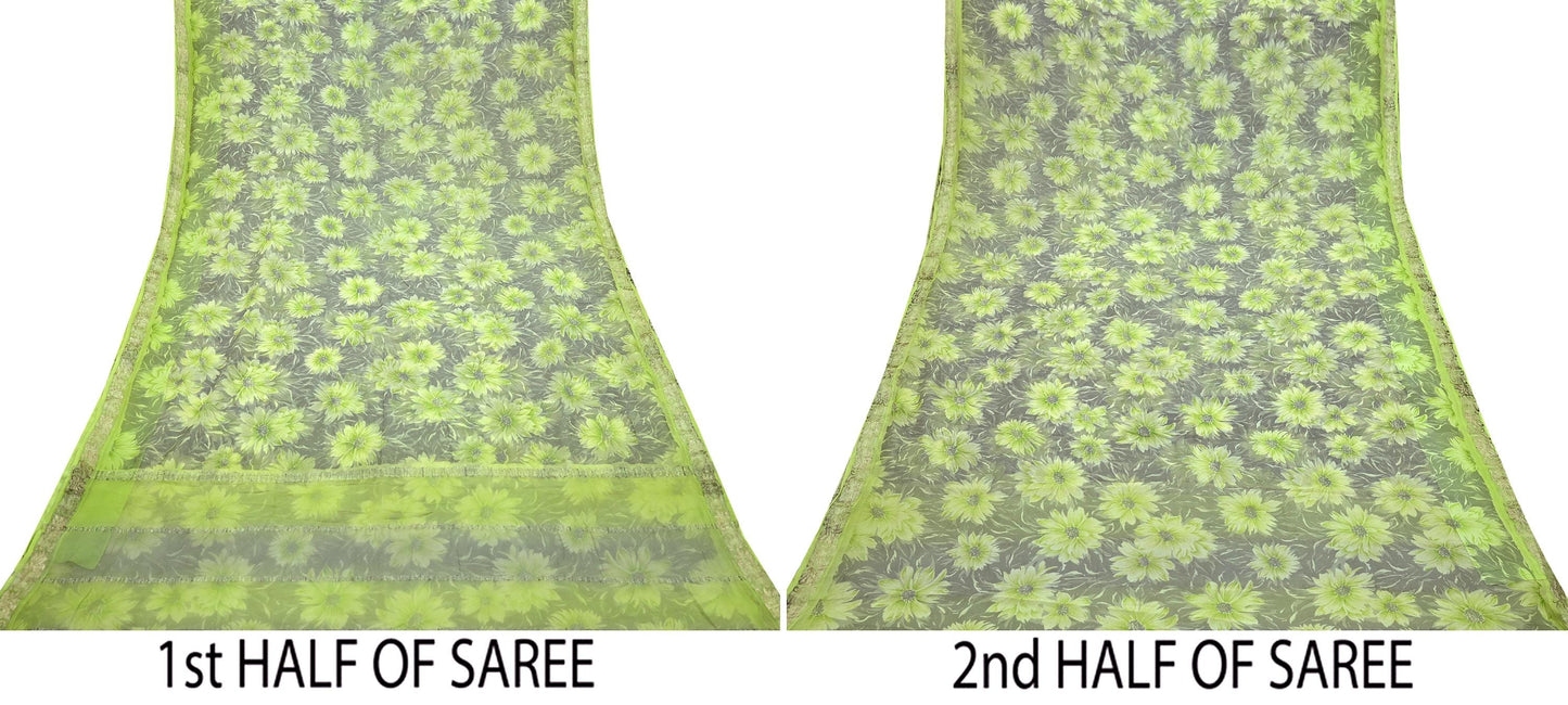 Indian Vintage Sari Green & Gray Pure Georgette Silk Printed Sarees 5Yd Craft Fabric Sewing Quilting Dress making Crafting Quilting Zari