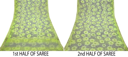 Indian Vintage Sari Green & Gray Pure Georgette Silk Printed Sarees 5Yd Craft Fabric Sewing Quilting Dress making Crafting Quilting Zari