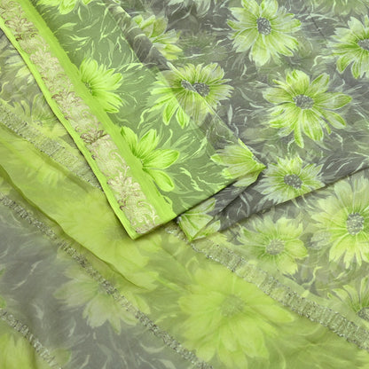 Indian Vintage Sari Green & Gray Pure Georgette Silk Printed Sarees 5Yd Craft Fabric Sewing Quilting Dress making Crafting Quilting Zari