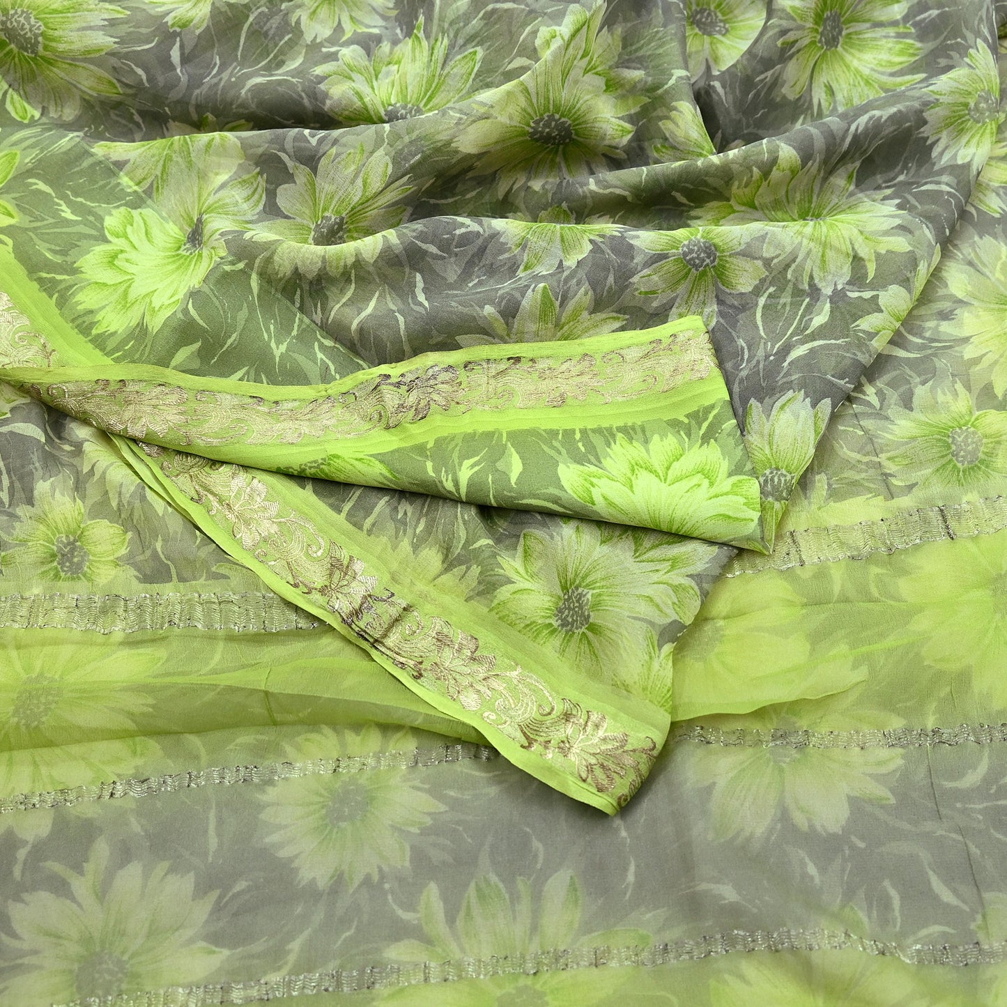 Indian Vintage Sari Green & Gray Pure Georgette Silk Printed Sarees 5Yd Craft Fabric Sewing Quilting Dress making Crafting Quilting Zari