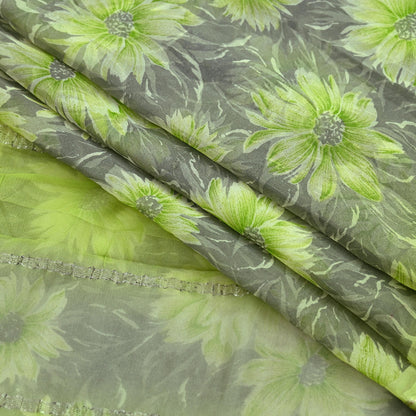 Indian Vintage Sari Green & Gray Pure Georgette Silk Printed Sarees 5Yd Craft Fabric Sewing Quilting Dress making Crafting Quilting Zari