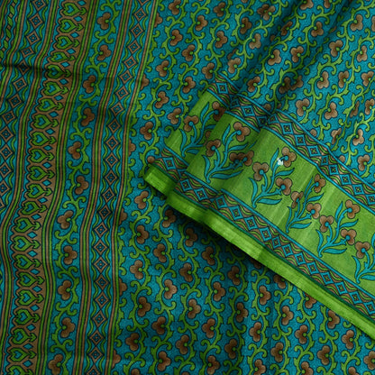 Indian Vintage Sari Green Pure Silk Printed Sarees 5yd Sewing Craft Fabric Dress Making  Soft Floral Wrap Upcycle Used Quilting Crafting
