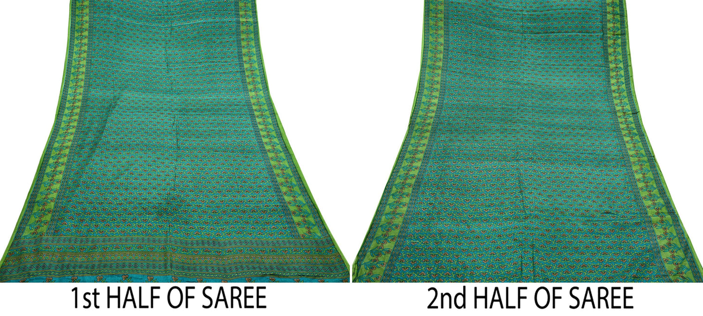 Indian Vintage Sari Green Pure Silk Printed Sarees 5yd Sewing Craft Fabric Dress Making  Soft Floral Wrap Upcycle Used Quilting Crafting
