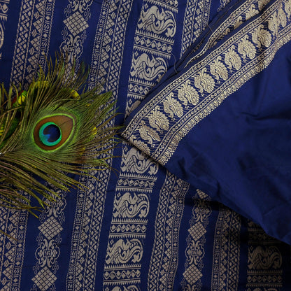 Indian Vintage Sari Blue Pure Cotton Hand Woven Baluchari Saree Craft Fabric 5yd Ethnic Humans Fringes Crafting Upcycle Quilting