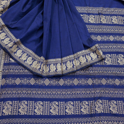 Indian Vintage Sari Blue Pure Cotton Hand Woven Baluchari Saree Craft Fabric 5yd Ethnic Humans Fringes Crafting Upcycle Quilting