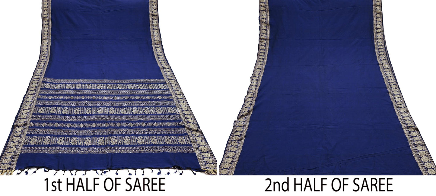Indian Vintage Sari Blue Pure Cotton Hand Woven Baluchari Saree Craft Fabric 5yd Ethnic Humans Fringes Crafting Upcycle Quilting