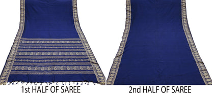 Indian Vintage Sari Blue Pure Cotton Hand Woven Baluchari Saree Craft Fabric 5yd Ethnic Humans Fringes Crafting Upcycle Quilting