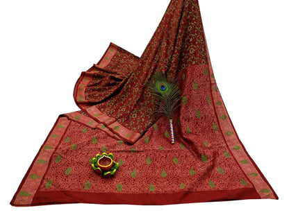 Indian Vintage Sari Maroon 100% Pure Silk Hand Woven Painted Sarees Craft Fabric 5Yd Ethnic Sewing Dress making Crafting Quilting