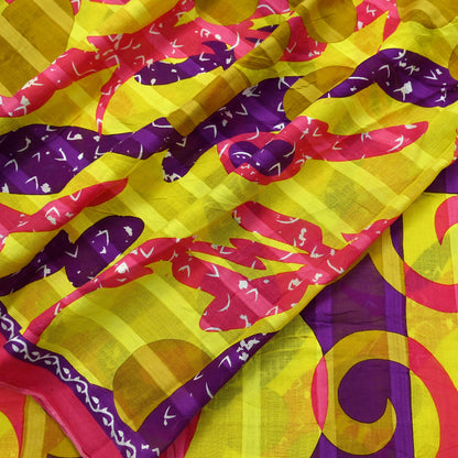 Indian Vintage Sari Purple & yellow Printed Sarees Pure Cotton Craft Fabric 5Yd Soft Sewing Sarong Wrap Boho Upcycle Quilting Crafting Used