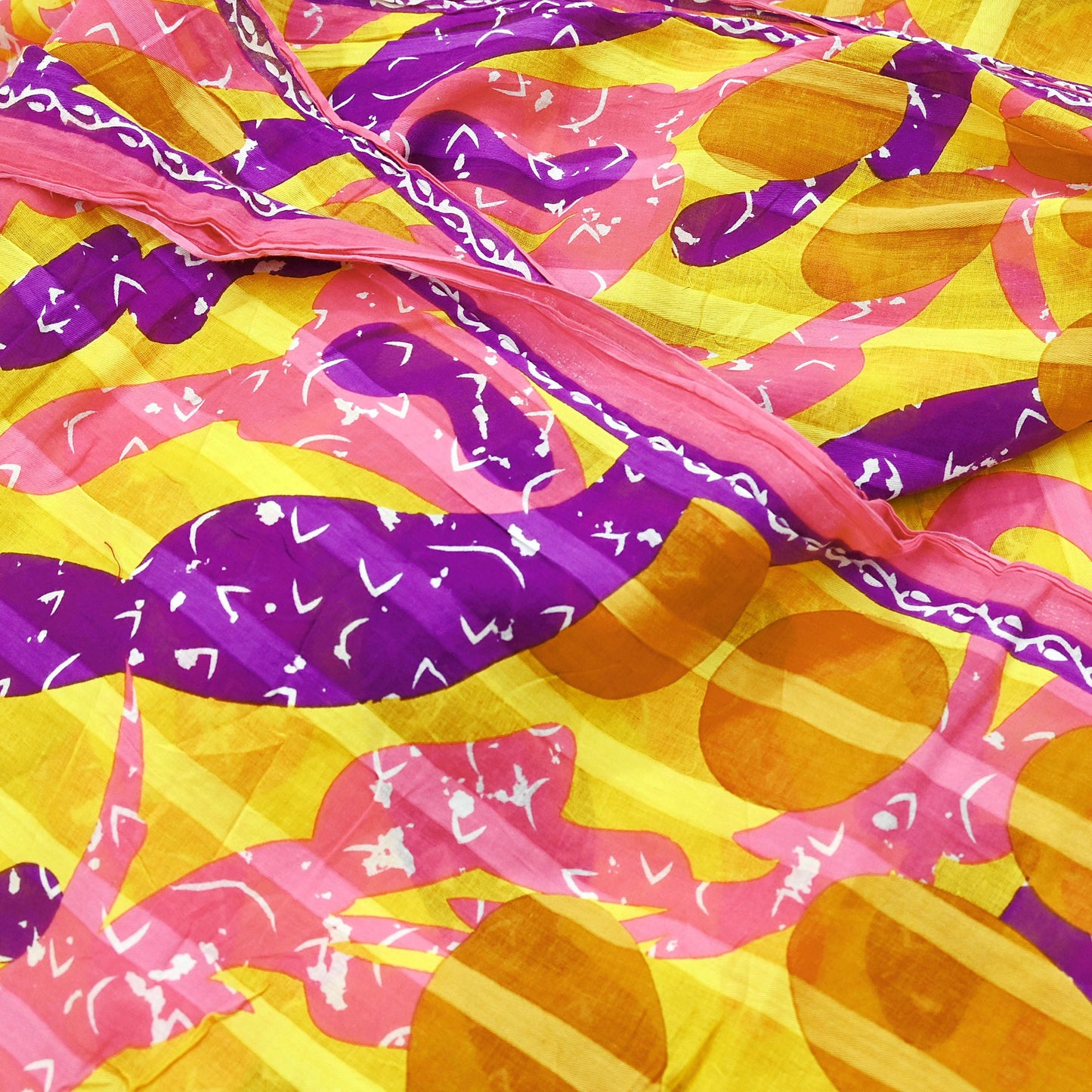 Indian Vintage Sari Purple & yellow Printed Sarees Pure Cotton Craft Fabric 5Yd Soft Sewing Sarong Wrap Boho Upcycle Quilting Crafting Used