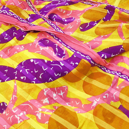 Indian Vintage Sari Purple & yellow Printed Sarees Pure Cotton Craft Fabric 5Yd Soft Sewing Sarong Wrap Boho Upcycle Quilting Crafting Used