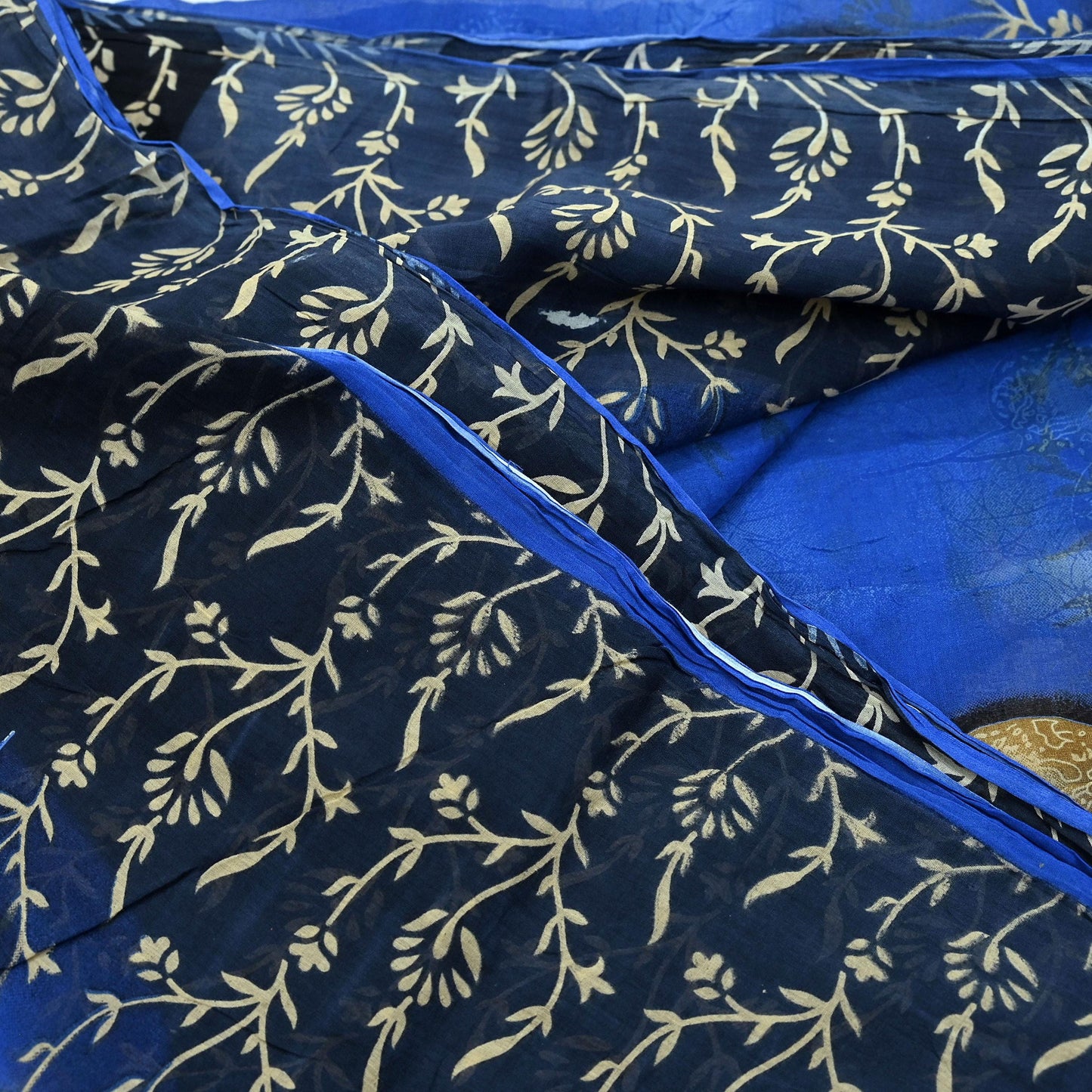 Indian Vintage Blue & Black Saree Printed Pure Cotton Sari Craft Fabric 5Yd Soft Sewing Sarong Wrap Boho Floral Dress Making Quilting
