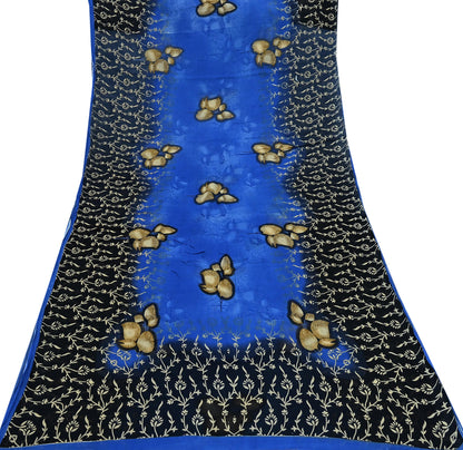 Indian Vintage Blue & Black Saree Printed Pure Cotton Sari Craft Fabric 5Yd Soft Sewing Sarong Wrap Boho Floral Dress Making Quilting